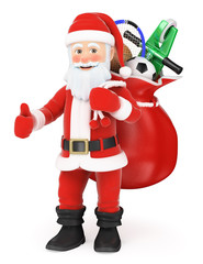 3D Santa Claus with a sack full of toys and thumb up