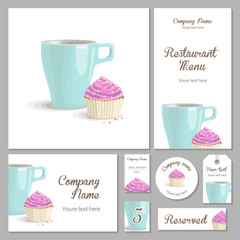 Set of corporate identity for a restaurant, cafe or confectionery, cake with pink cream in a basket and turquoise cup on a white background