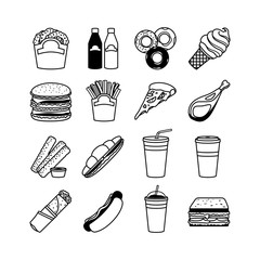 Food vector icons and fastfood symbols. Snack and meal silhouette signs
