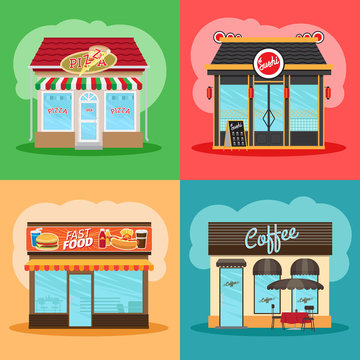 Restaurant Or Fast Food Store Front Set. Cafe Shop, Pizza Shop And Downtown Chinese Market Vector Illustration