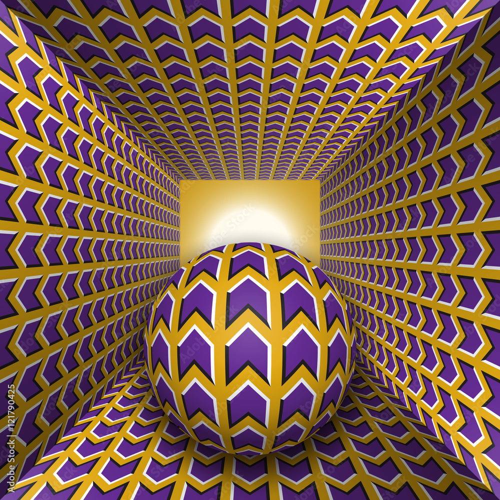 Poster optical motion illusion illustration. a sphere are moving through square tunnel. purple arrows on go