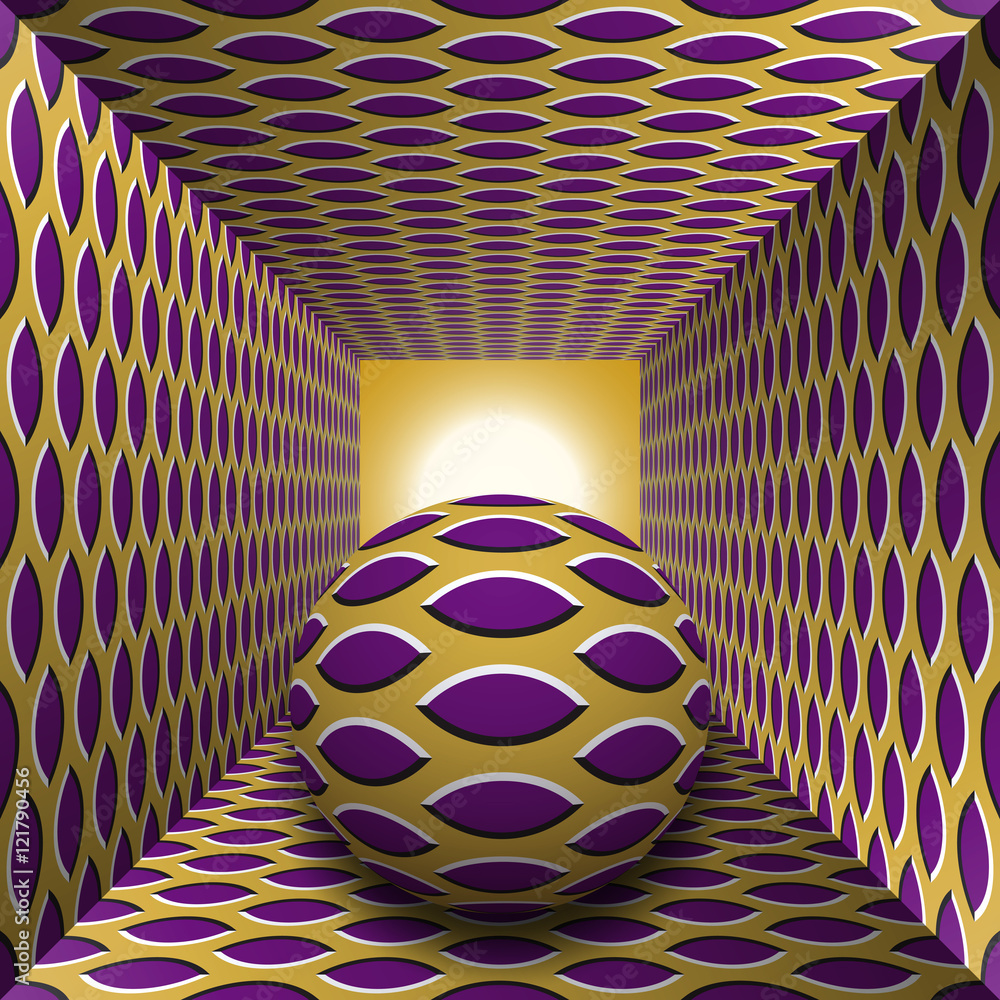 Poster optical motion illusion illustration. a sphere are moving through square tunnel. purple pointed elli