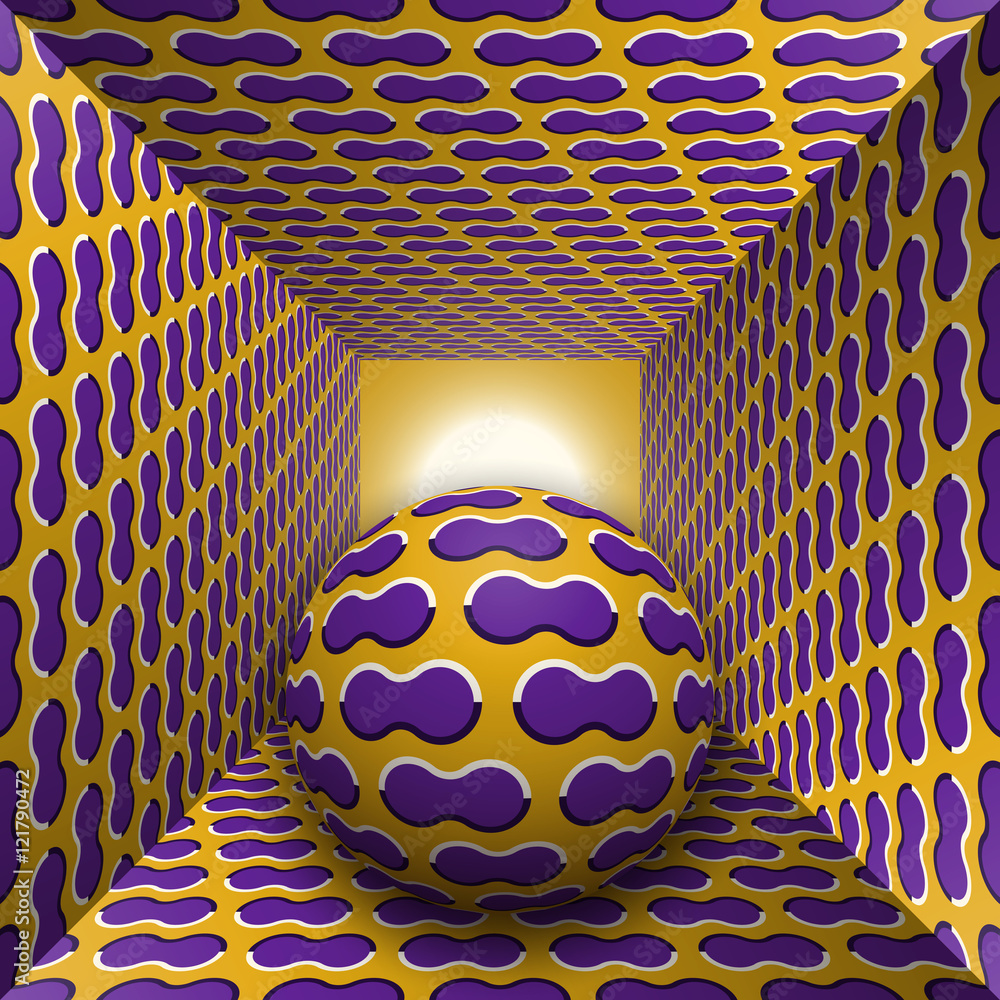 Poster optical motion illusion illustration. a sphere are moving through square tunnel. purple clouds on go
