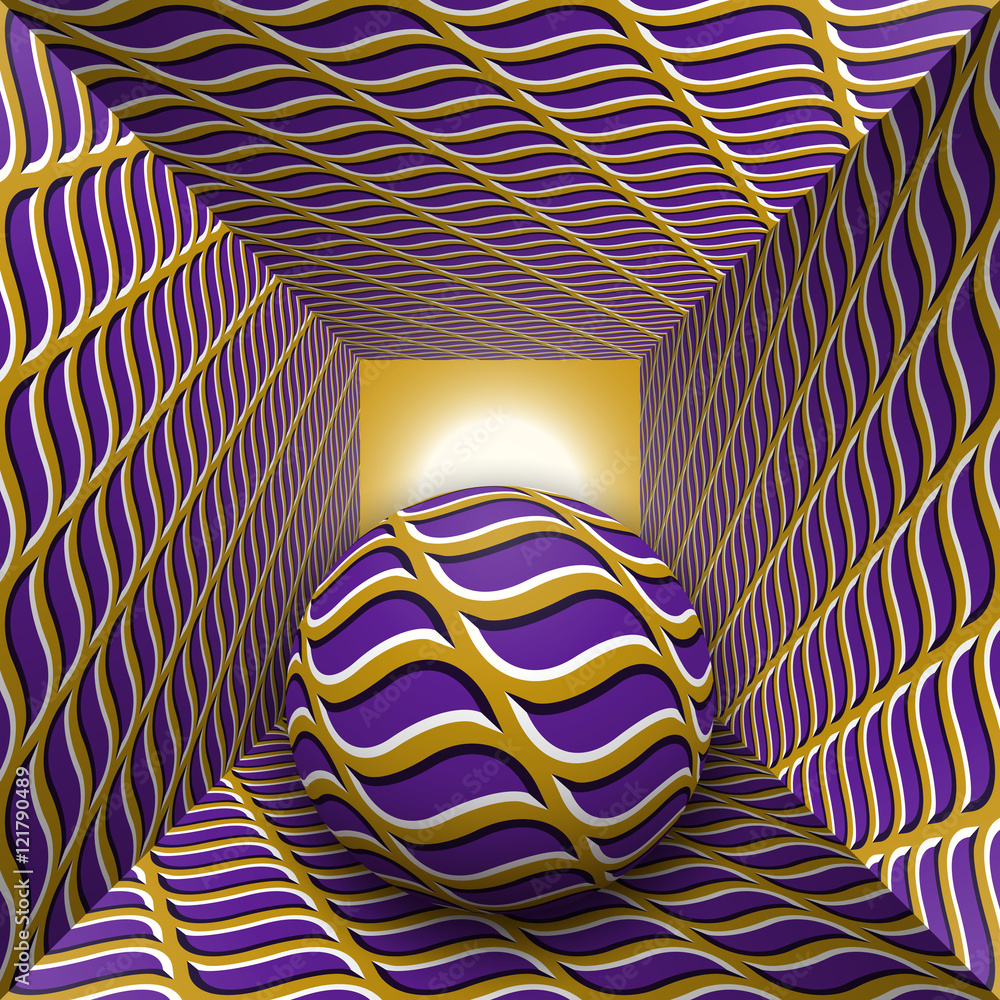 Poster optical motion illusion illustration. a sphere are moving through square tunnel. purple waves on gol