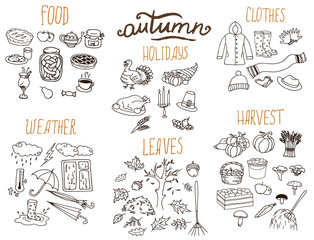 Hand-drawn autumn doodle collection. Line art seasonal set of illustrations.