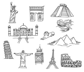 Hand-drawn doodles collection of the different famous buildings. Line art illustrations.
