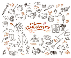Hand-drawn autumn doodle collection. Line art seasonal set of illustrations.
