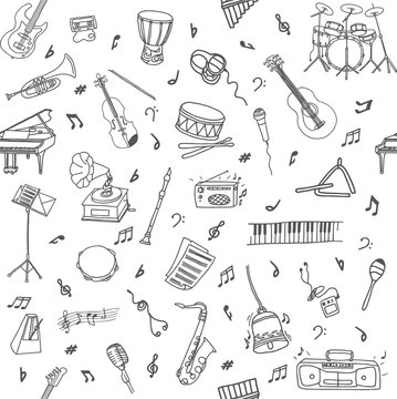 Hand-drawn doodle seamless pattern with different musical instruments and objects. Line art repeated background.