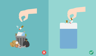 Do not throw cigarette butts on the floor,wrong and right.illust