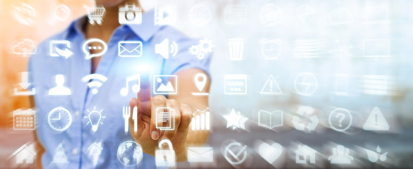 Businesswoman using digital tactile screen interface with web ic