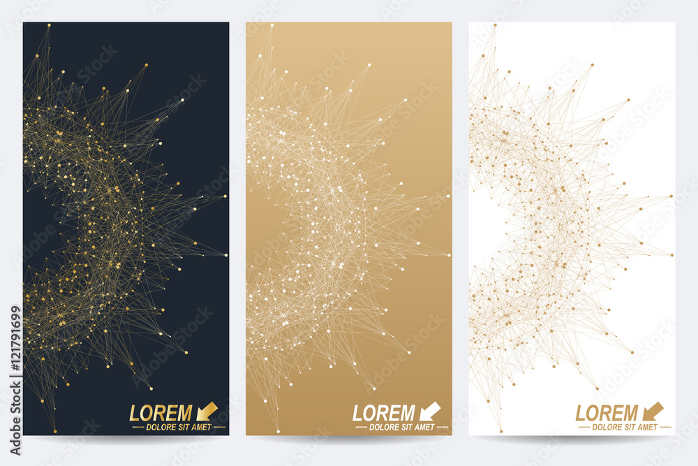 Poster Modern set of vector flyers. Geometric abstract presentation with golden mandala. Molecule and communication background for medicine, science, technology, chemistry.