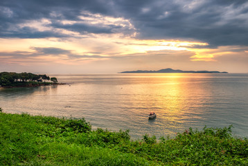 Sea beautiful golden at sunset in pattaya,thailand