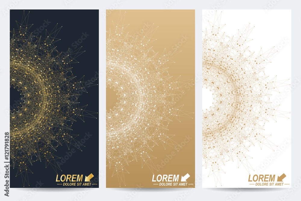 Poster modern set of vector flyers. geometric abstract presentation with golden mandala. molecule and commu