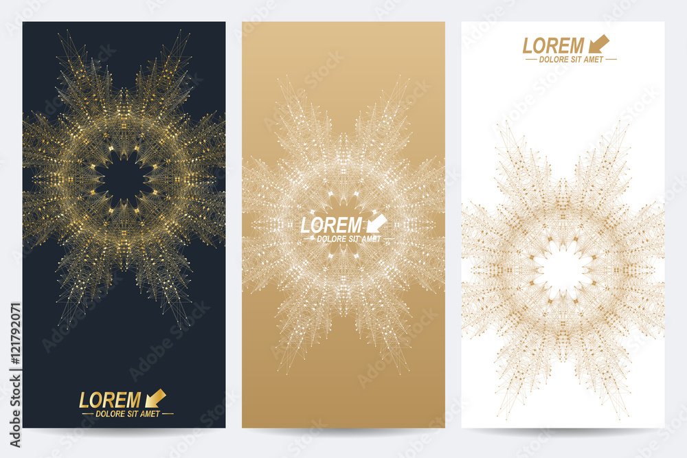 Poster modern set of vector flyers. geometric abstract presentation with golden mandala. molecule and commu