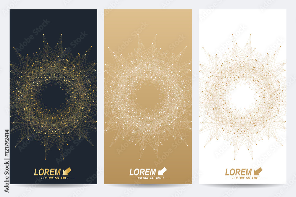 Poster Modern set of vector flyers. Geometric abstract presentation with golden mandala. Molecule and communication background for medicine, science, technology, chemistry.