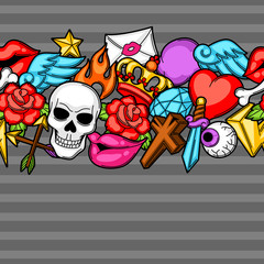 Seamless pattern with retro tattoo symbols. Cartoon old school illustration