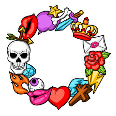 Obraz premium Frame with retro tattoo symbols. Cartoon old school illustration