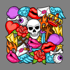 Print with retro tattoo symbols. Cartoon old school illustration