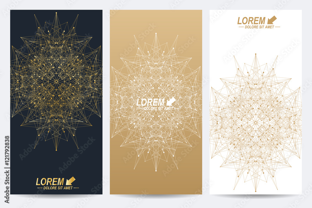 Poster Modern set of vector flyers. Geometric abstract presentation with golden mandala. Molecule and communication background for medicine, science, technology, chemistry.