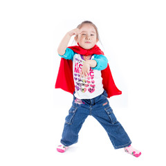 Superhero little asian girl in a red raincoat on white backgroun