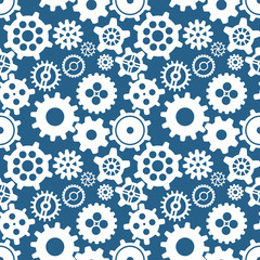 Different silhouettes of cogwheels on blue, seamless pattern