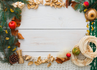 Christmas decoration handmade frame on white wood background copy space