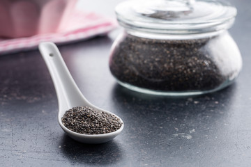Chia seeds in ceramic spoon.