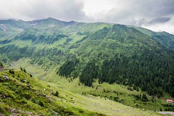 Aerial view from Transfagarasan Road in southern section of Carpathian Mountains in Romania