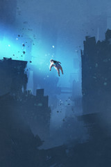 Fototapeta premium astronaut floating in abandoned city,mysterious space,illustration painting