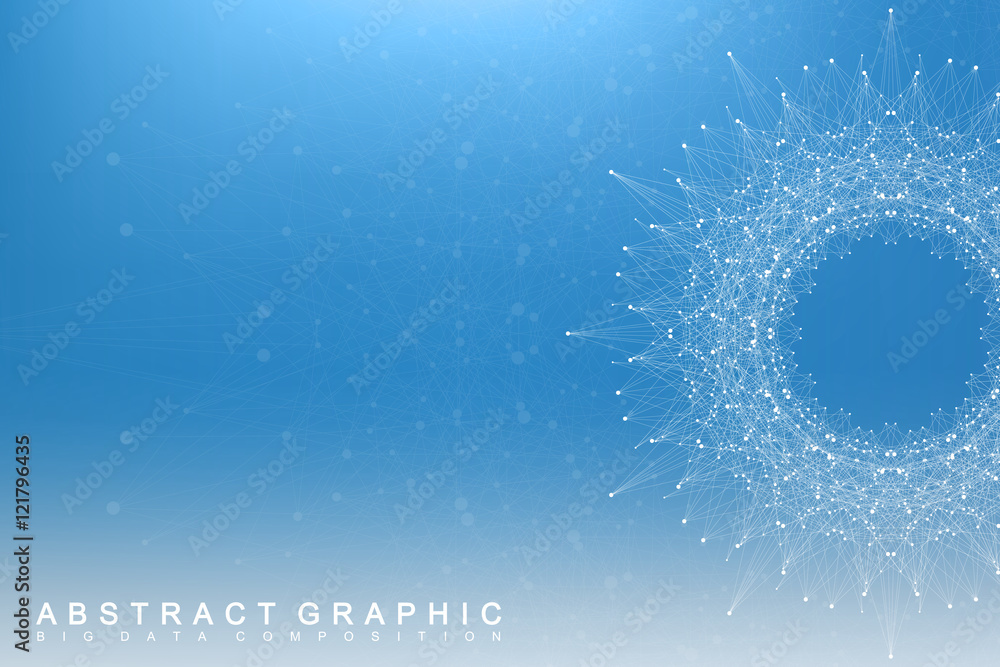Poster Graphic abstract background communication. Big data visualization. Perspective backdrop with connected lines and dots. Social networking. Illusion of depth. Vector illustration.