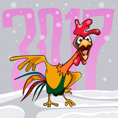 cartoon whimsical multi-colored rooster crows 2017 new year