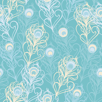 Seamless vector background with decorative peacock feathers. Cloth design, wallpaper.