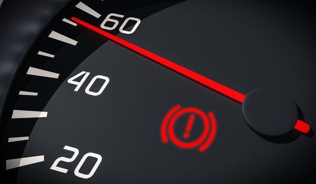 Brake system warning light in car dashboard. 3D rendered illustration.