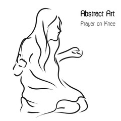 Abstract worshiper and prayer woman on knee in line art illustration black and white; Christianity art decoration isolate graphic.
