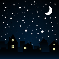 Obraz na płótnie Canvas Stars, Sky, Night. Silhouette of the City. Moon.