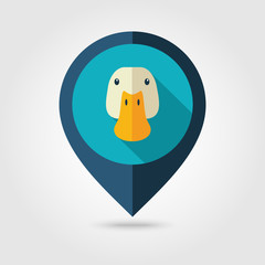 Duck flat pin map icon. Animal head vector