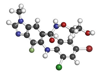 Selumetinib cancer drug molecule (MEK1 and MEK2 inhibitor). 3D rendering. 