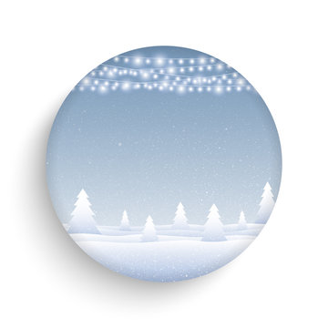 Garlands, falling snow. Vector round glass frame.