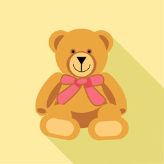 Digital vector bear toy with pink ribbon, over yellow background, flat style