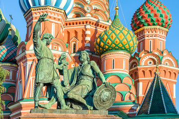 Fototapeta na wymiar Monument to Minin and Pozharsky and St Basil's cathedral on Red Square, Moscow, Russia