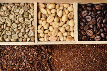 different coffee forms in wooden box for background