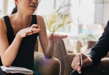 Young woman explaining business idea to businessman