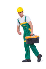 Young man with toolkit toolbox isolated on white
