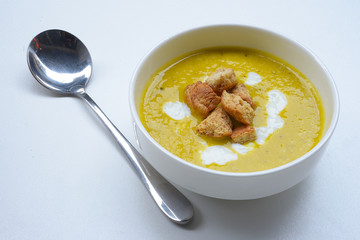 Pumpkin cream soup with croutons