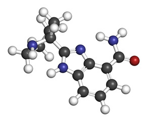 Veliparib cancer drug molecule (PARP inhibitor). 3D rendering. 