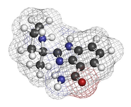 Veliparib cancer drug molecule (PARP inhibitor). 3D rendering. 