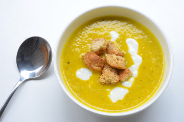 Pumpkin cream soup with croutons