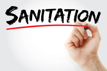 Hand writing Sanitation with marker, concept background