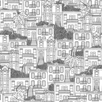 Seamless pattern of Montreal style houses with outdoor staircases