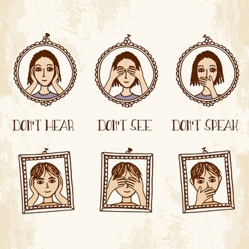 Don't hear - don't see - don't speak - little hand drawn faces in picture frames
